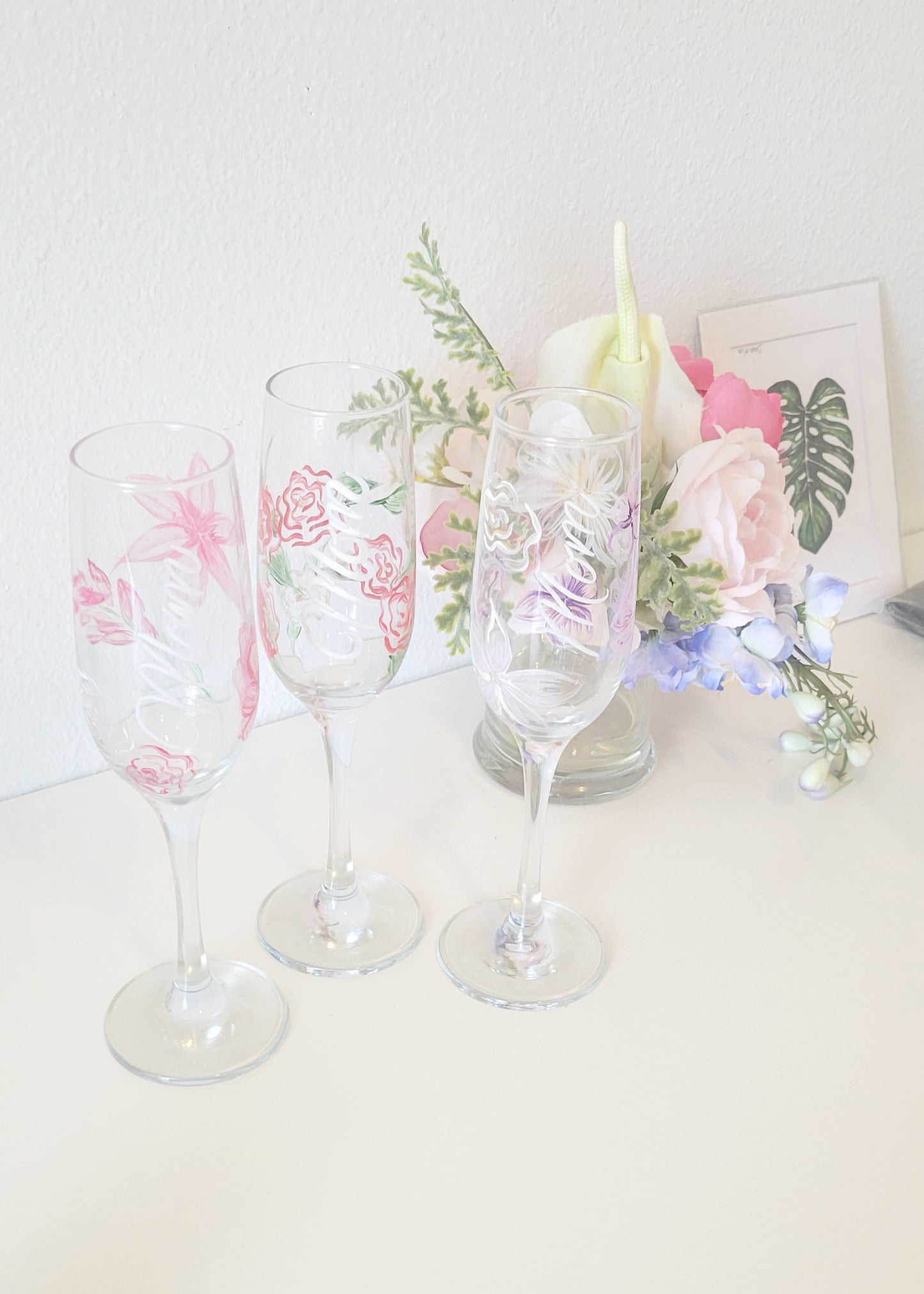 Custom Hand-Painted Floral Champagne Glass