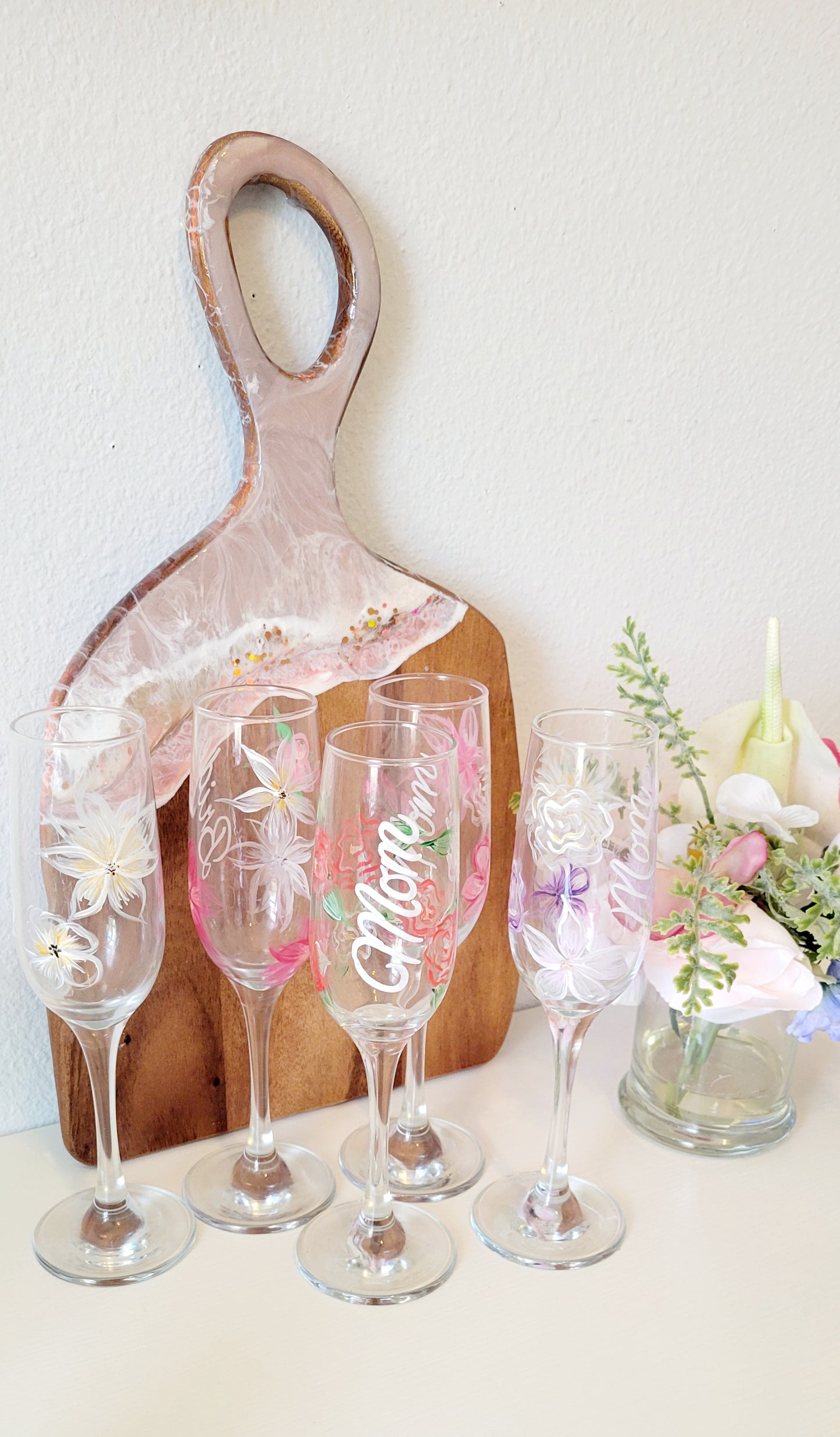 Custom Hand-Painted Floral Champagne Glass