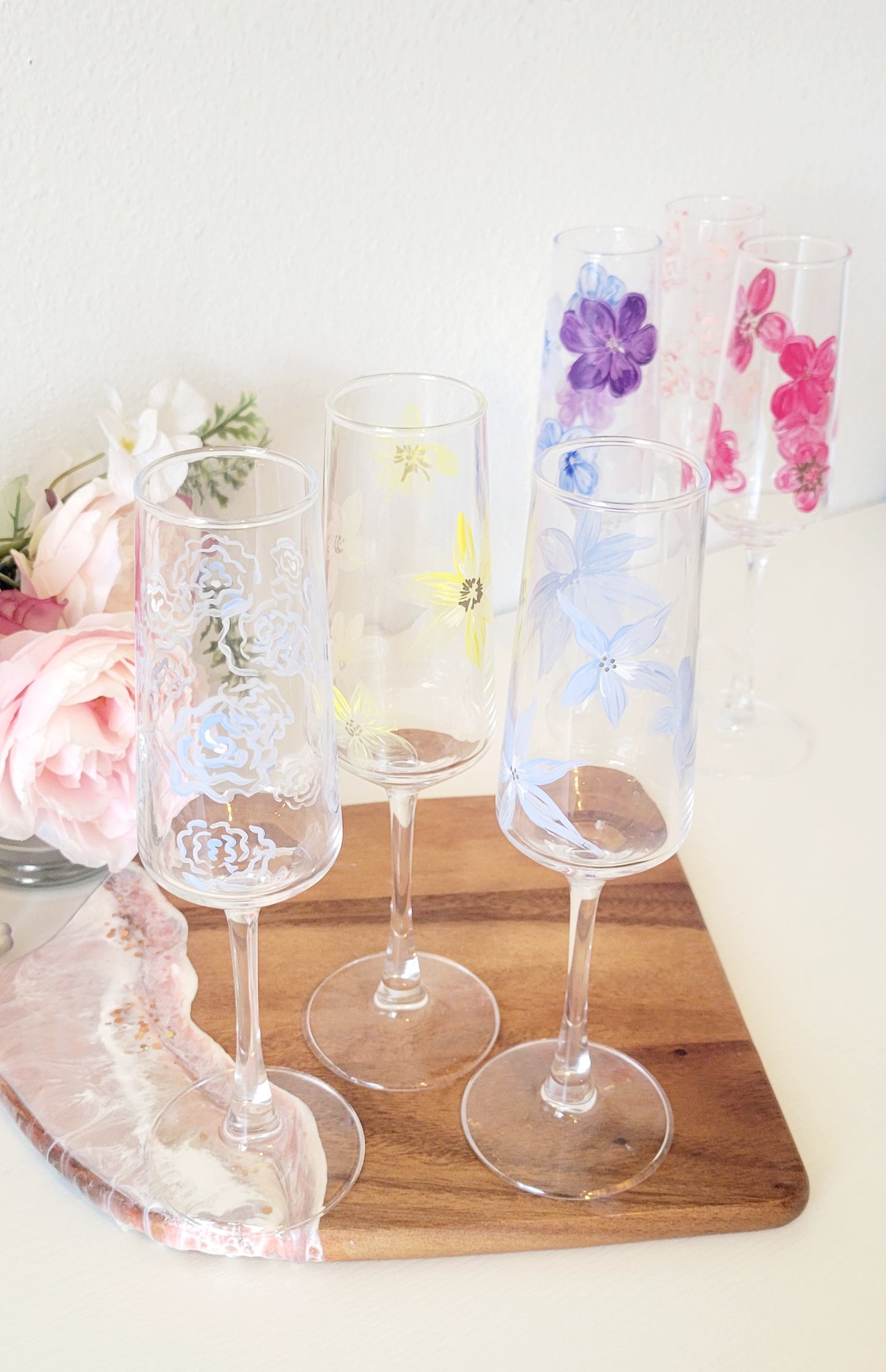Custom Hand-Painted Floral Champagne Glass