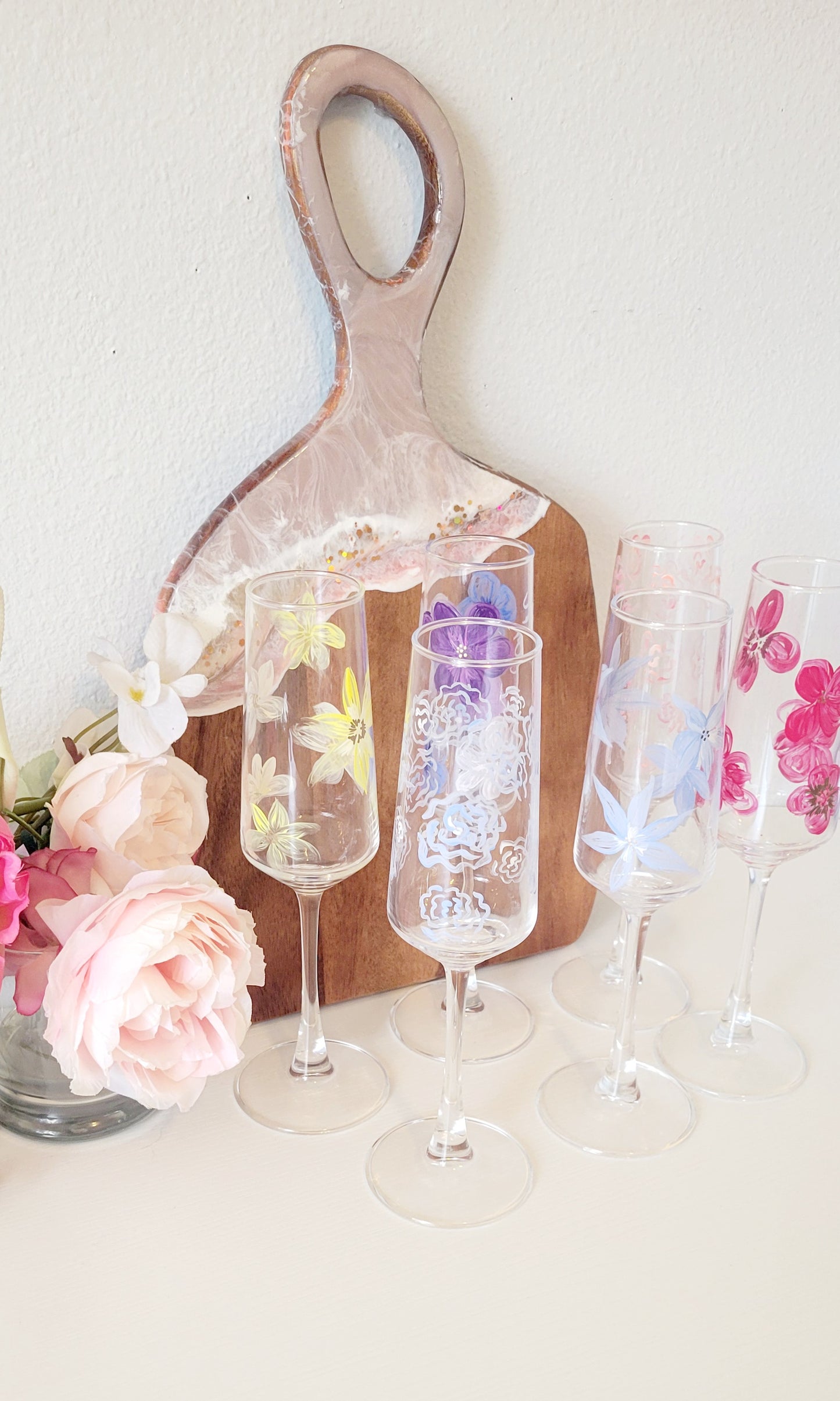 Custom Hand-Painted Floral Champagne Glass
