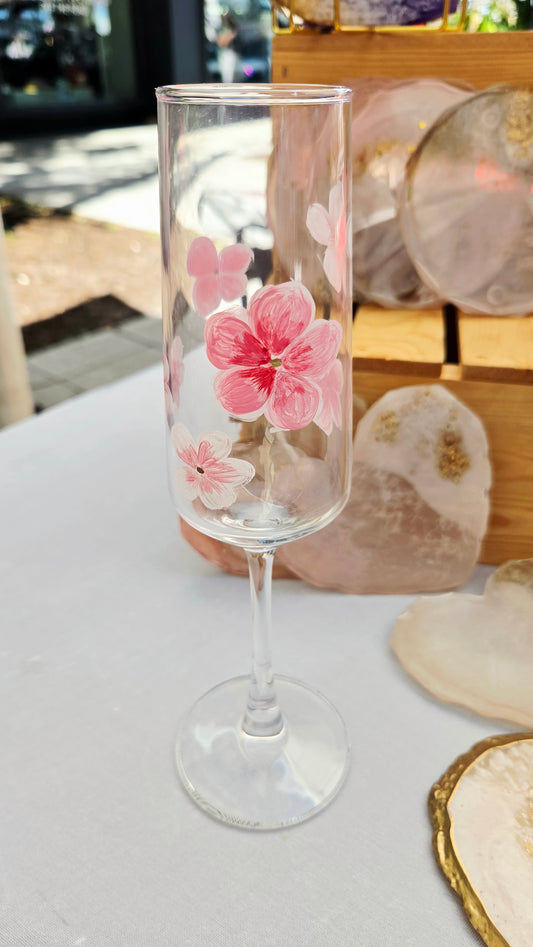 Painted Floral Champagne Glass-Pink